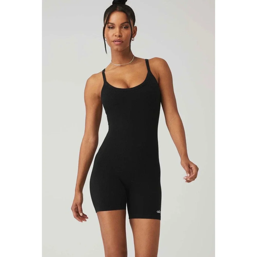Alo Yoga Seamless Ribbed Mellow Onesie Black Romper Small W1418R
